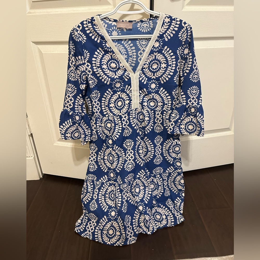 Chic Bohemian Long Sleeve Dress in Blue and White